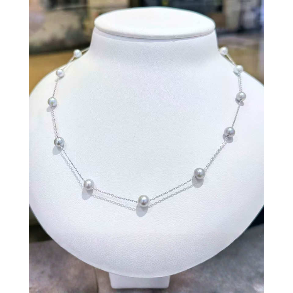 5A Japanese Akoya Round Necklace in 18K White Gold - Hemp Akoya Necklace - Blue (4-5mm)