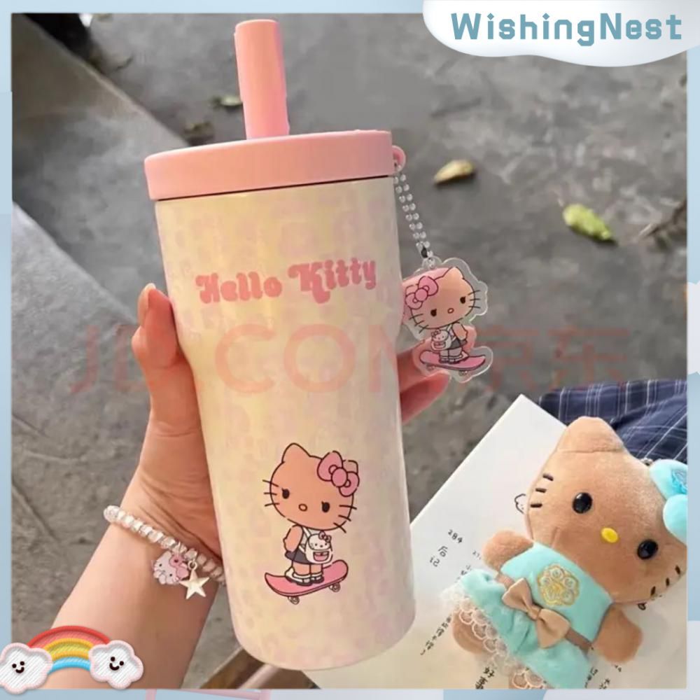[พร้อมส่ง] ขวดน้ำรูปคิตตี้ ลายเสือดาว ทำจากสแตนเลส 316 ความจุ 500 มล. สำหรับกาแฟ ชา และน้ำผลไม้ มาพร้อมสายสะพายและหลอดดูด ปลอดภัยและทนทานจาก WishingNest