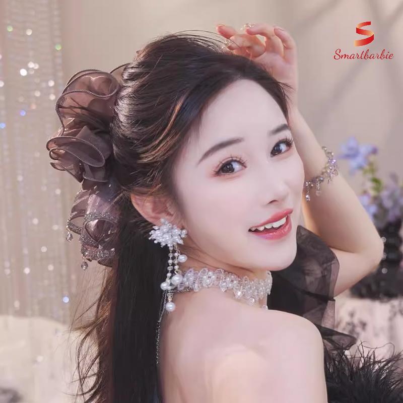 {Smartbarbie} French Elegant Rhinestones Butterfly Clip Korean Temperament Mesh Ponytail Clip เครื่อ