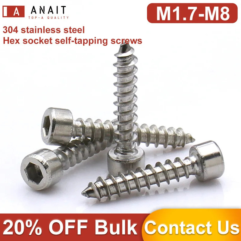 M1.7 M2 M2.3 M2.5 M2.6 M3 M3.5 M4 M5 M8 304 Stainless Steel Hex Socket Cap Head Self Tapping Screws 