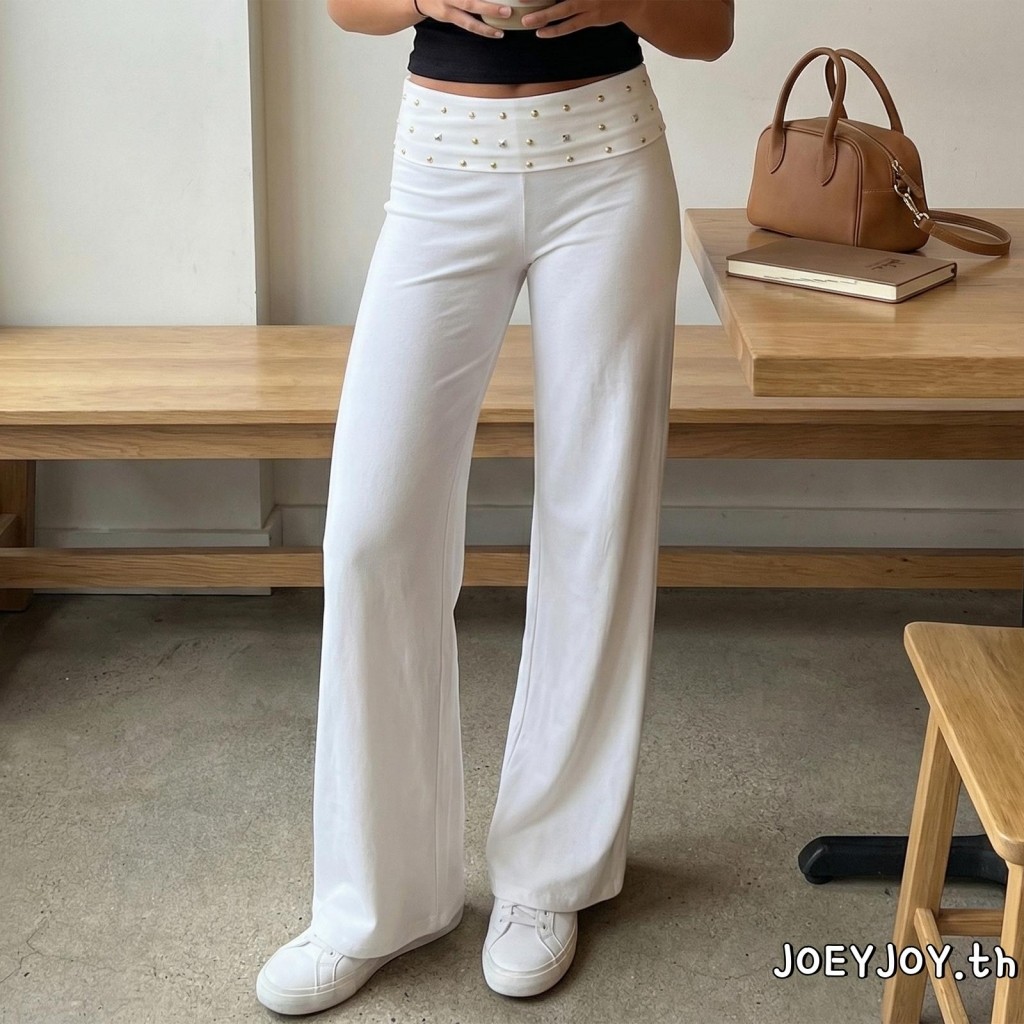 JoEY - กางเกงขากว้างสำหรับผู้หญิง ทรงหลวม สบายตัว มีสายยางยืด และปุ่มโลหะตกแต่ง