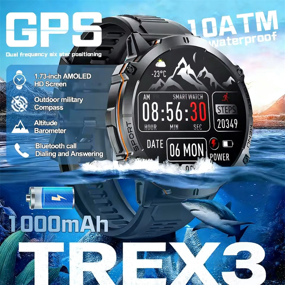 2026 ใหม่ทหาร T-Rex 3 Ultra 1000mAh แบตเตอรี่สมาร์ทนาฬิกาผู้ชาย 5ATM เข็มทิศกันน้ํา Heart Rate กีฬา 