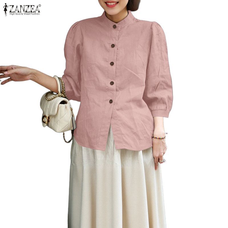 ZANZEA เสื้อทำงานสไตล์เรียบสำหรับผู้หญิง แขนยาว 3/4 ทำจากผ้าฝ้ายและผ้าลินิน