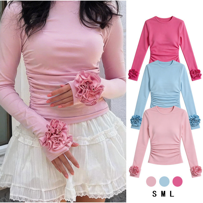 พร้อมส่ง กดเองจากแบรนด์ Paloy - PL2360 Camellia Top เสื้อแขนยาว ทรงเข้ารูป ปลายแขนแต่งดอกคาเมลเลีย
