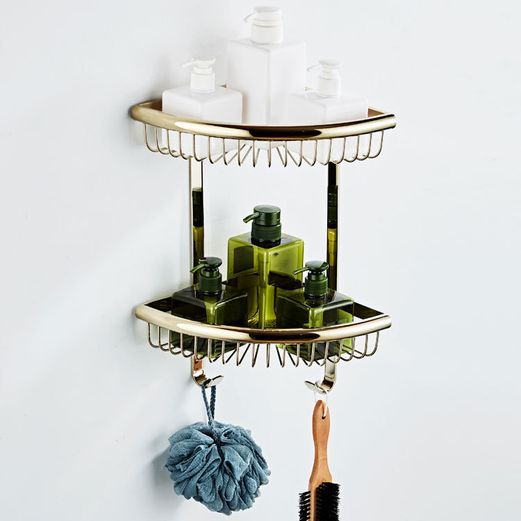 Supply of zirconium gold-colored copper material double-layer bathroom corner shelf with hook, fan-s