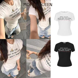 MOSESQUEEN กระโปรงเชิ๊ตสำหรับผู้หญิงสไตล์เกาหลี พิมพ์ลายตัวอักษรสีขาว ไหล่มาตรฐาน สไตล์เรียบหรูกะทัดรัด แมทช์ได้หลายโอกาส #63659