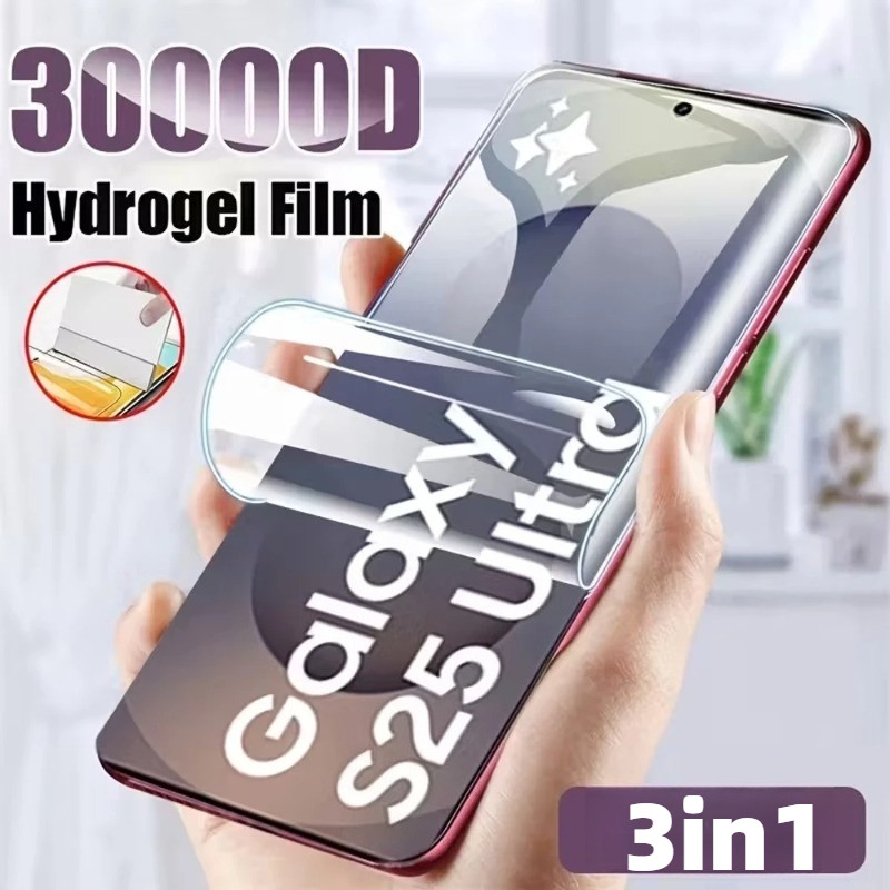 3in1 สําหรับ Samsung Galaxy S26 S25 S26 + S25 + Ultra Plus HD Hydrogel ป้องกันหน้าจอด้านหน้า + คาร์บอนไฟเบอร์กลับฟิล์มสําหรับ Samsung Galaxy S24 S23 S22 Ultra FE Plus ฟิล์มป้องกันโทรศัพท์