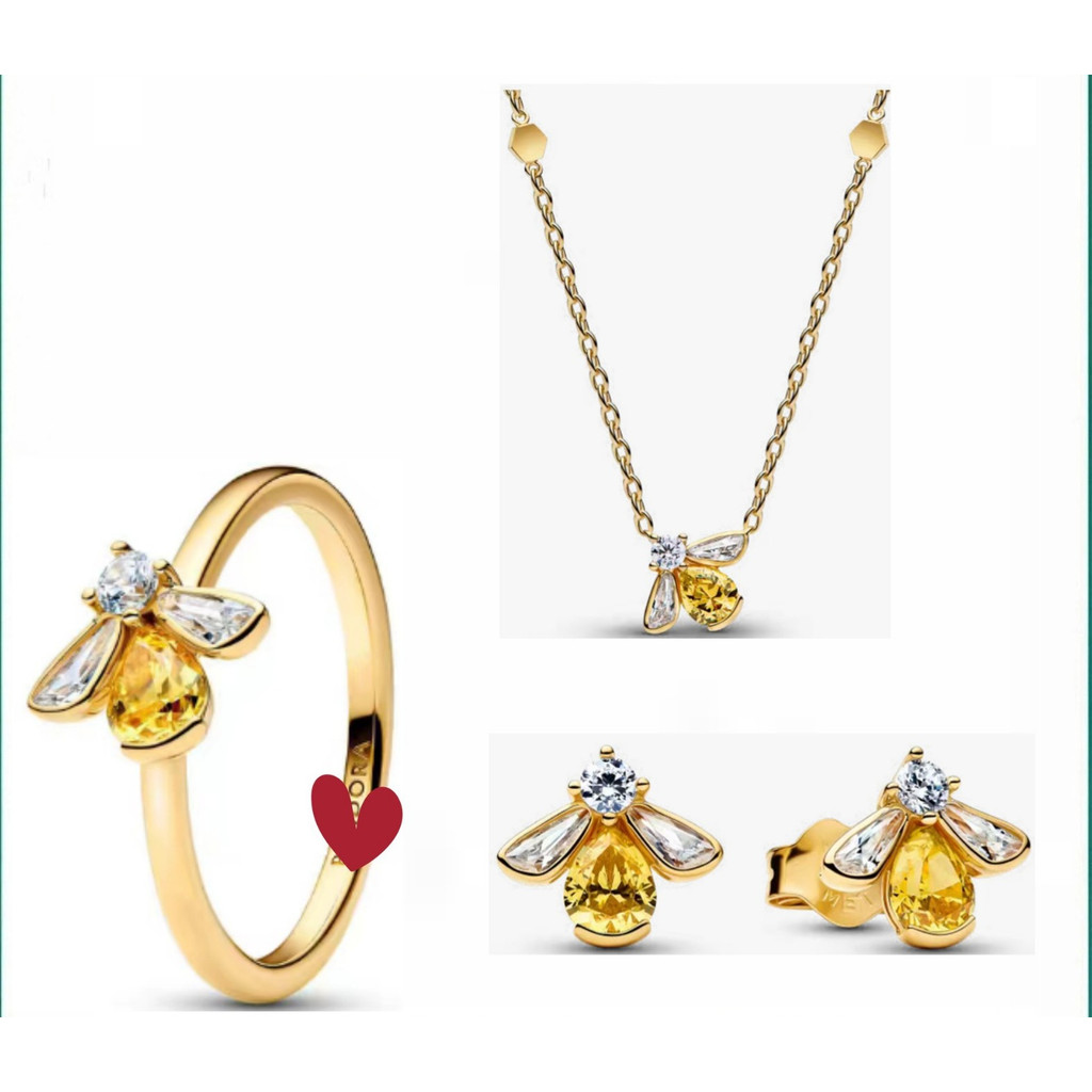 S925 เงินสเตอร์ลิง Bee จี้สร้อยคอต่างหูแหวนทอง Shining ของขวัญปุยธรรมชาติ