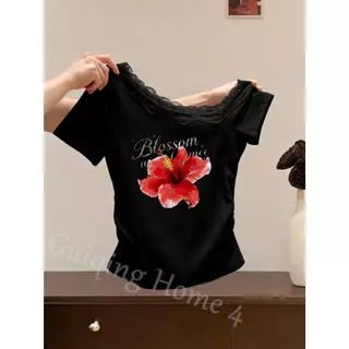 (จัดส่งตลอด 24 ชั่วโมง) M-4XL เสื้อครอปลายดอกไม้สงกรานต์ เสื้อปาดไหล่ เสื้อวงกรานต์สาวอวบอ้วน มีหลายสีให้เลือก คุ้มมาก