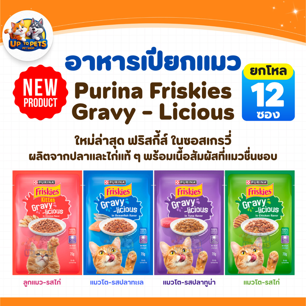 [ 1 โหล 12 ซอง] สุดคุ้ม Friskies ฟริสกี้ส์ 70 G. อาหารเปียกสำหรับลูกแมวและแมวโต สูตร เกรวี่