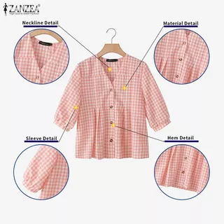 ZANZEA เสื้อลายสก๊อตทรงหลวม คอวี สไตล์ลำลองแบบเกาหลี