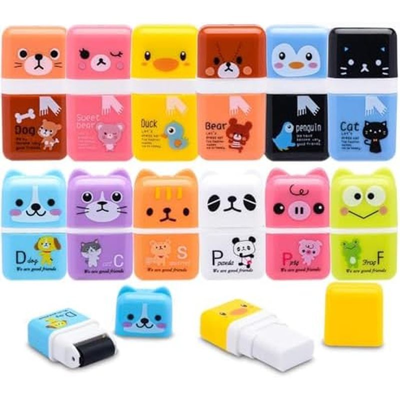 Sooez 12 Pack Pencil Erasers, Cute Erasers Pencil Eraser with Clean up Roller Pencil Eraser Shaving 