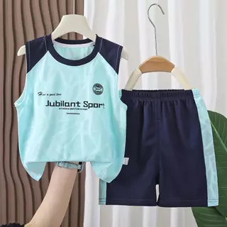 MooDeng Baby ชุดกีฬาเด็ก แขนกุด + กางเกงขาสั้น ผ้าตาข่ายระบายอากศดี แห้งเร็ว เด็กชาย ขาสั้น ยางยืด