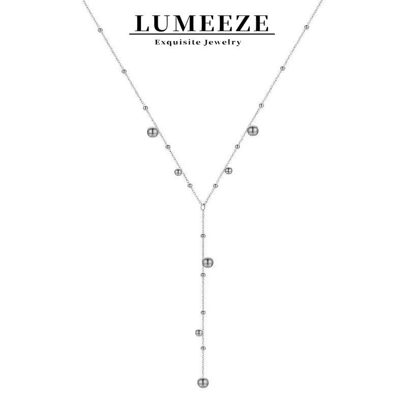 LUMEZE สร้อยคอลาย Y-Shaped ตกแต่งลูกปัดพู่จี้ ทำจากไทเทเนียมเหล็กกันน้ำ ไม่เปลี่ยนสี H202