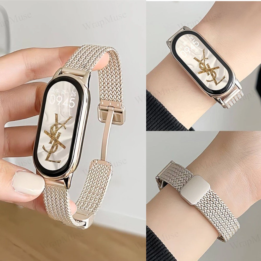 สายรัดข้อมือสแตนเลสลายรวงข้าวสำหรับ Xiaomi Mi Band 10 9 8 Xiaomi Smart Band 10 9 8 สายนาฬิกาโลหะสแตนเลส อุปกรณ์เสริมสำหรับเปลี่ยน