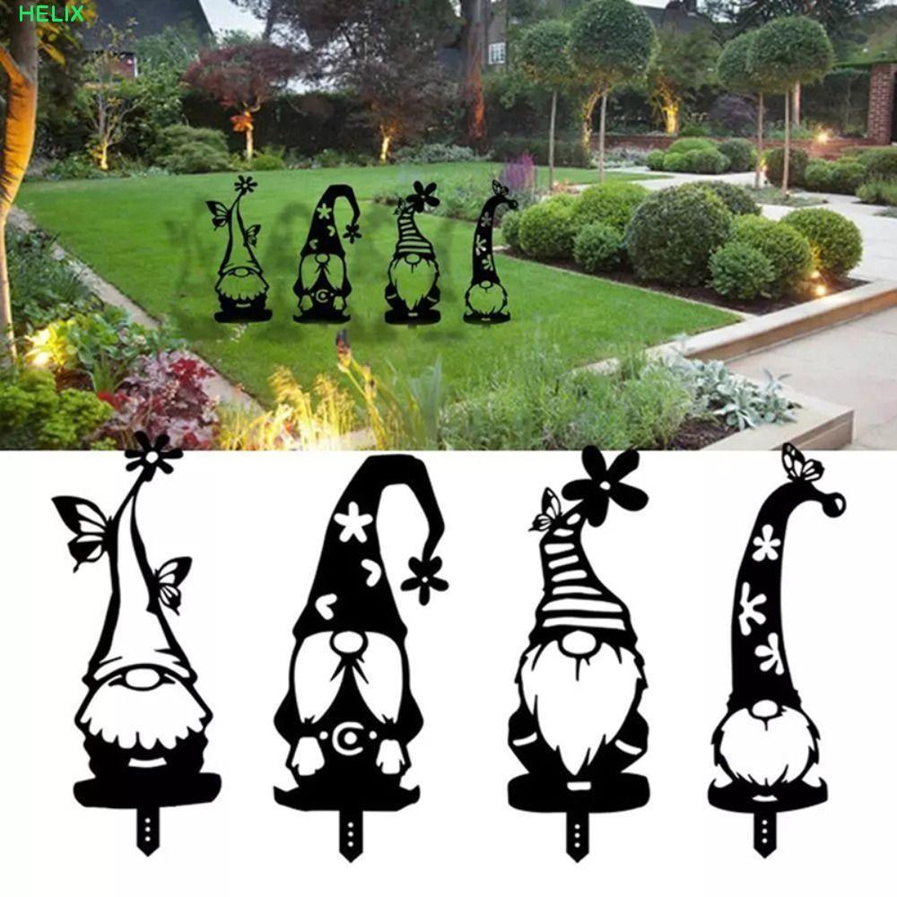 ป้าย HELIX Gnome, สวนอะคริลิค 2D Gnomes Stake, ตกแต่งสวน Hollow Out สีดํากันน้ํา Gnome ป้ายกราวด์สนา