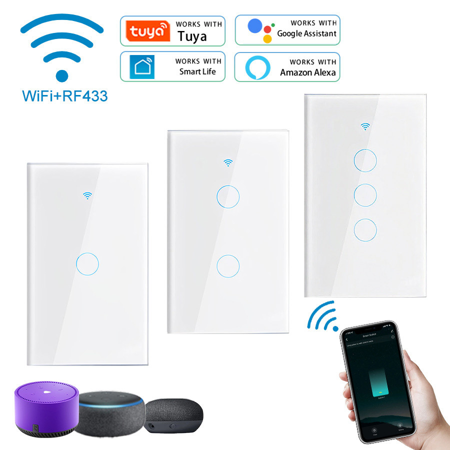 Tuya แป้นสวิตช์ Wi-Fi เปิดปิด ตั้งเวลานอกบ้านได้ผ่านแอป (LSF) สั่งด้วยเสียง Google Home/Alexa Smart Wall Touch Switch