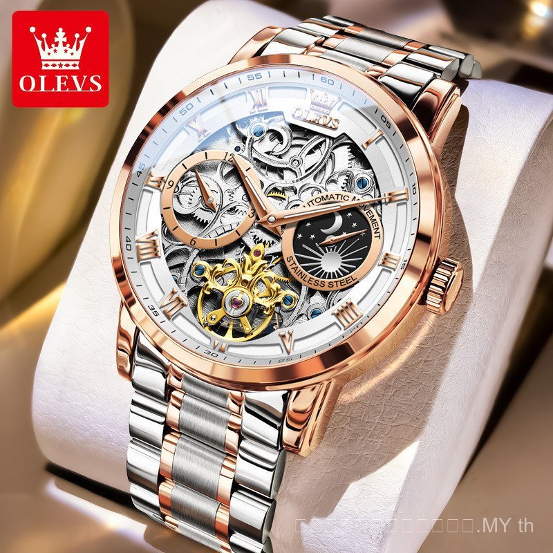 OLEVS ยี่ห้อ 100% ของแท้ 6670 กันน้ํา Luminous Multi-Function Mechanical Hollow นาฬิกาผู้ชาย