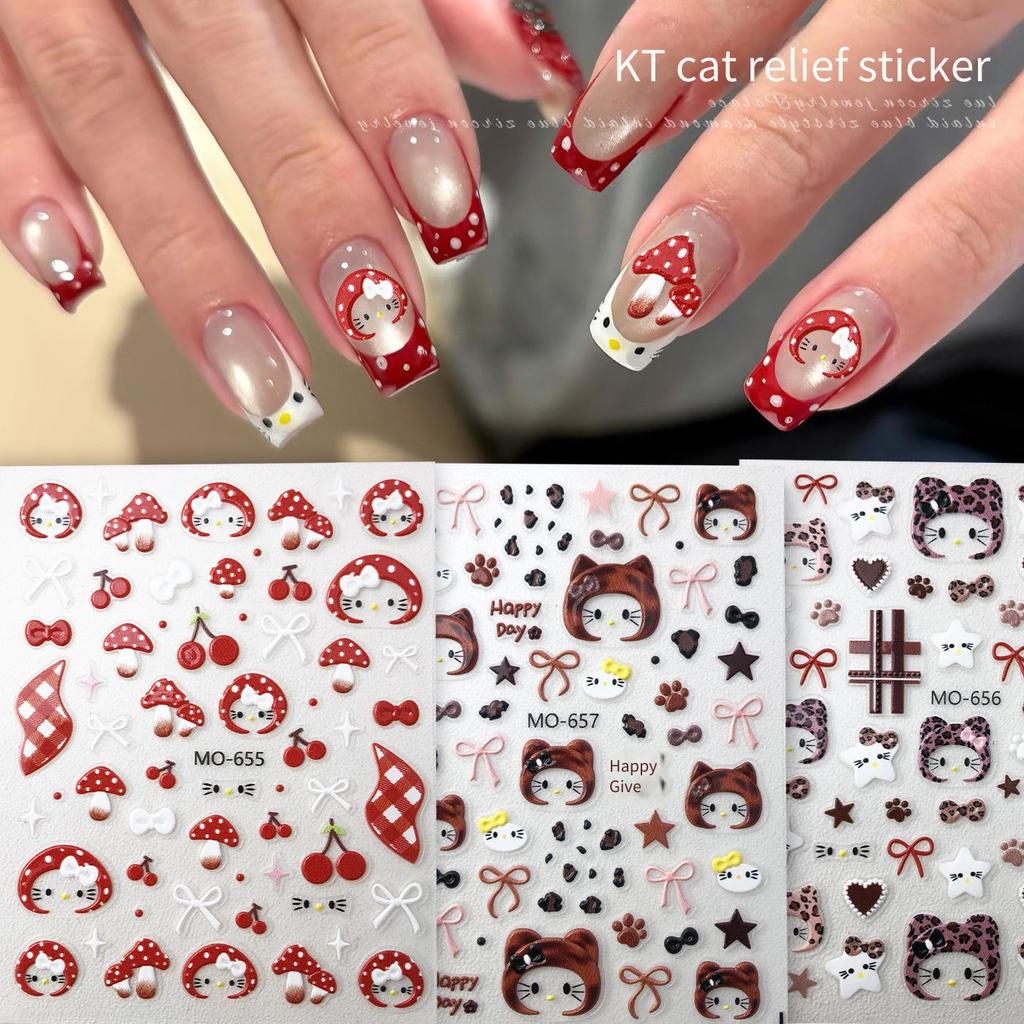 [การทําเล็บ CELIA] Hooded kitty Cat Nails Sticker นูนสามมิติน่ารักการ์ตูนโบว์เสือดาวพิมพ์เห็ดสีแดงสติ๊กเกอร์ติดเล็บวัสดุแต่งเล็บ
