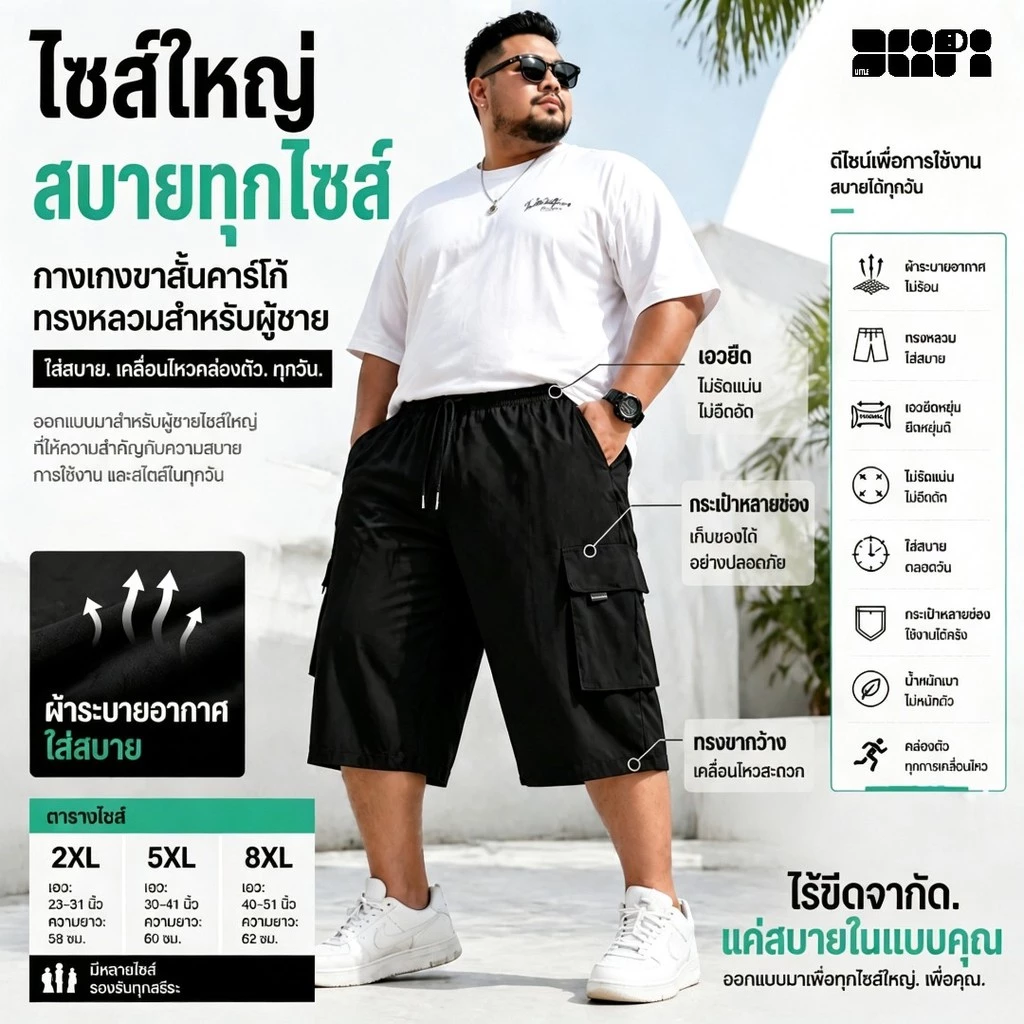 2XL-8XL กางเกงขาสั้นลำลองผู้ชายไซส์ใหญ่ แห้งเร็ว กระเป๋าใหญ่ ยืดหยุ่นสูง คุณภาพสูง จัดส่งจากไทย