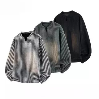 ZENOX ซื้อ 1 แถม 2 Unisex V คอ Chenille Herringbone เสื้อกันหนาวขนาดใหญ่แขนยาวเสื้อลําลอง Streetwear Plus ขนาดสีดําสีเทา M-3XL