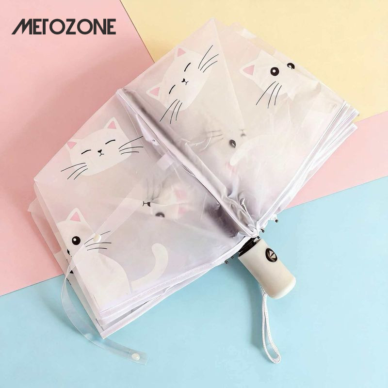 ร่ม MeTozone อัตโนมัติน่ารักพับพิมพ์ร่มโปร่งใส