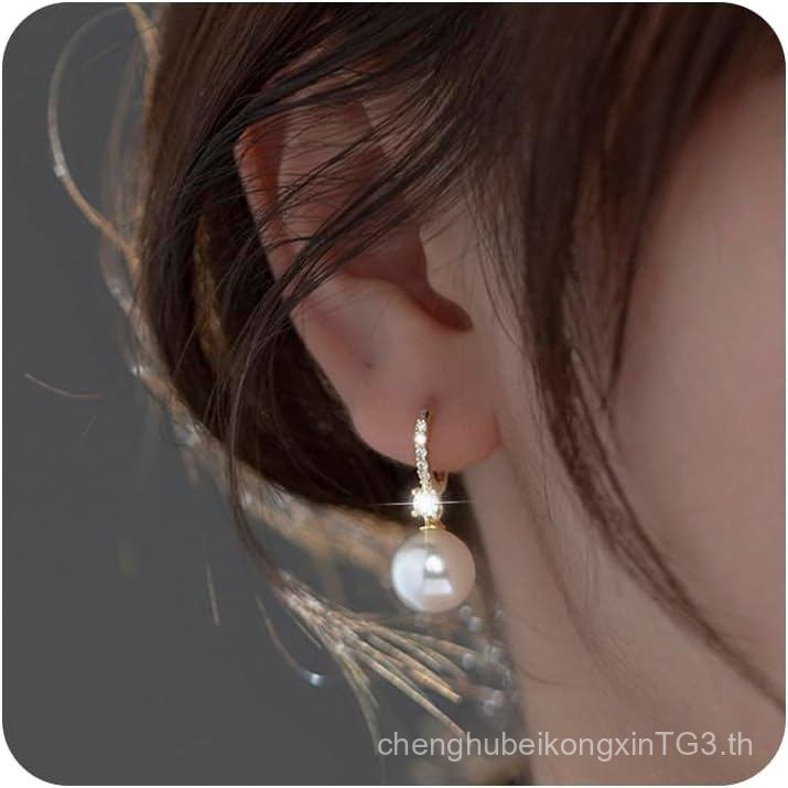 ต่างหูมุกสําหรับผู้หญิง 14K Gold Plated Hypoallergenic Pearl ต่างหู 5A Cubic Zirconia Dangle ต่างหูเ