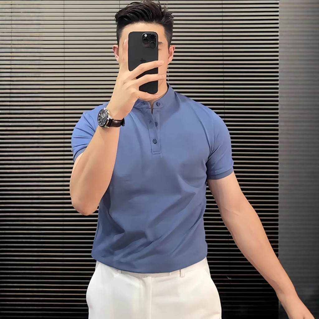 5.7-ผ้าฝ้ายStand-Upคอปกแขนสั้นเสื้อโปโลผู้ชายสีทึบSlim-Fit 2025 ฤดูร้อนเยาวชนธุรกิจHry Collar T