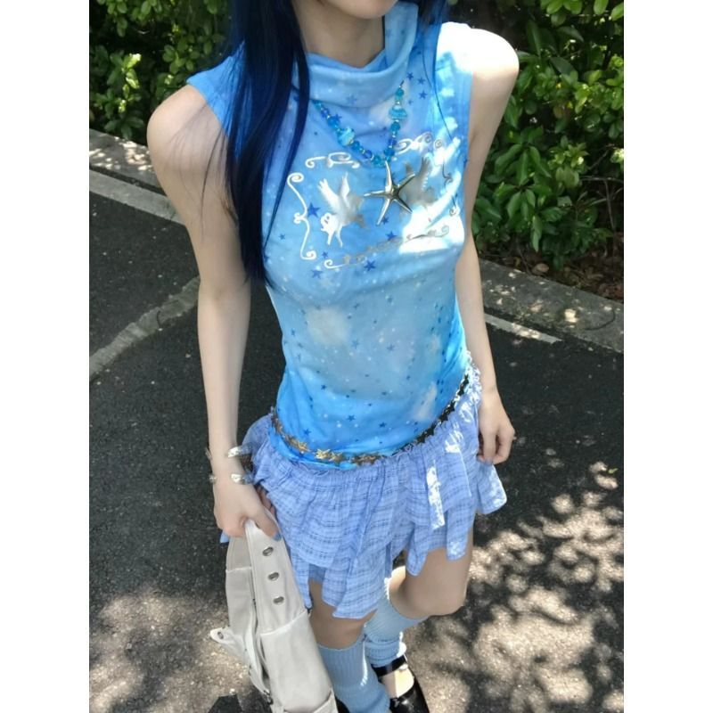 Collar Hot Girl Slim-fit เสื้อ t Star Top ญี่ปุ่น Pony Blue หญิงพิมพ์แขนกุด i Pile Pile y2k เสื้อกั๊