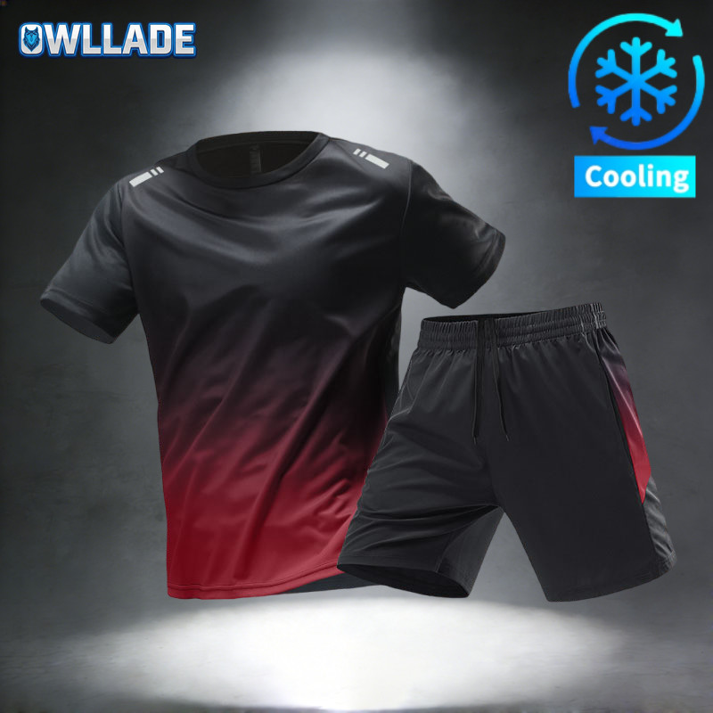 OWLLADE ชุดกีฬาวิ่งสําหรับผู้ชายผู้ชายแห้งเร็วระบายอากาศยืด 6804 สีดําสีแดง K11 2T