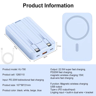 พาวเวอร์แบงค์แม่เหล็กไร้สาย 20000mAh 22.5W มีขาตั้ง+สายในตัว รองรับ iPhone 17 16/15/14/13/12 Pro มอก.3C