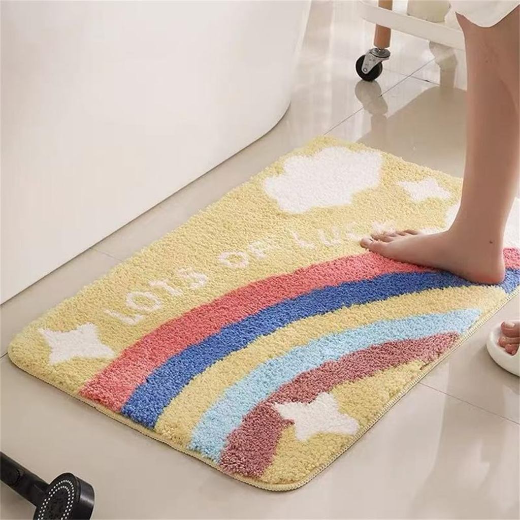 Ankah Rainbow Bath Rug Striped Half-Moon Shaped Colourful Boho Flocking Bathroom Mat, Soft Fiber, Hi