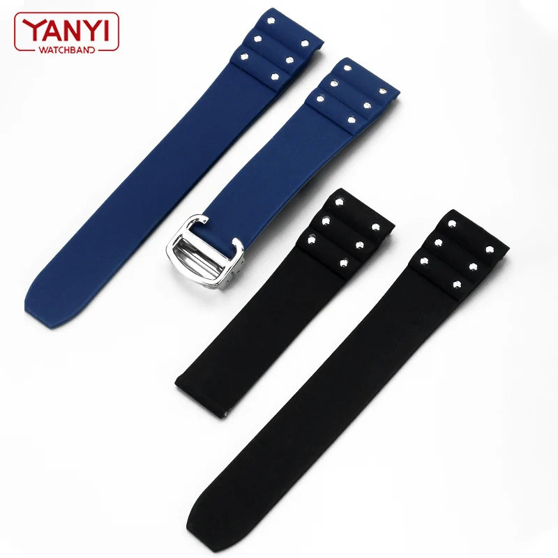 Rubber watchband For Cartier Santos watch strap 21mm Silicone bracelet Folding buckle Black Blue Wri