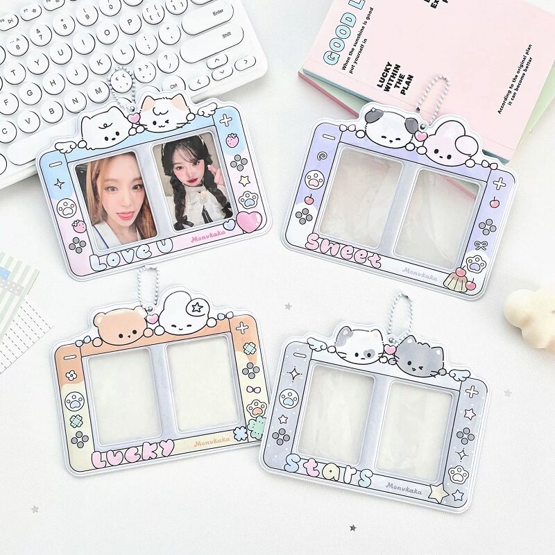 Original Pixel CP Card Holder 10 ซม.ตารางคู่รูปหัวใจผู้ถือบัตรกระเป๋าจี้ ID Photo Card Storage Card Holder พวงกุญแจ