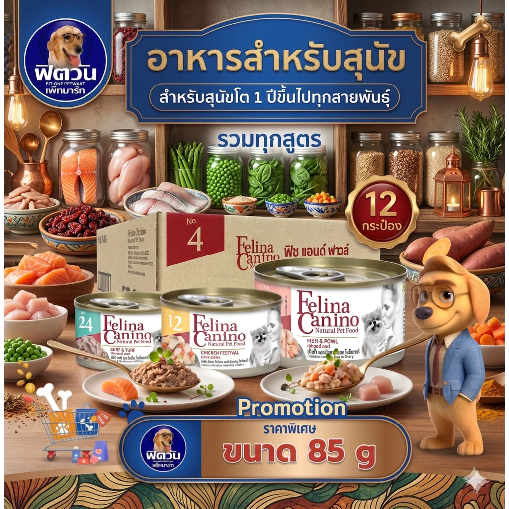 อาหารกระป๋องสุนัข Felina Canio 85 กรัม** 12-24 กระป๋อง **{อาหารเปียกสุนัข}