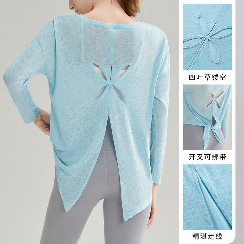 ผู้หญิงหลวมยาก้าเสื้อบางกลวงออกที่สวยงามกลับกีฬาด้านบนแขนยาวออกกําลังกายกลางแจ้งอเนกประสงค์โยคะปกขึ้นสําหรับผู้หญิง