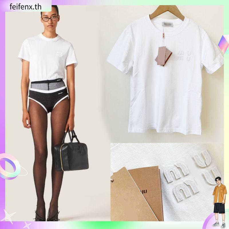 J7UO M*iu Super Versatile Patch Letter Embroidery Logo T Loose Casual Women's T-shirt T Shirt Top