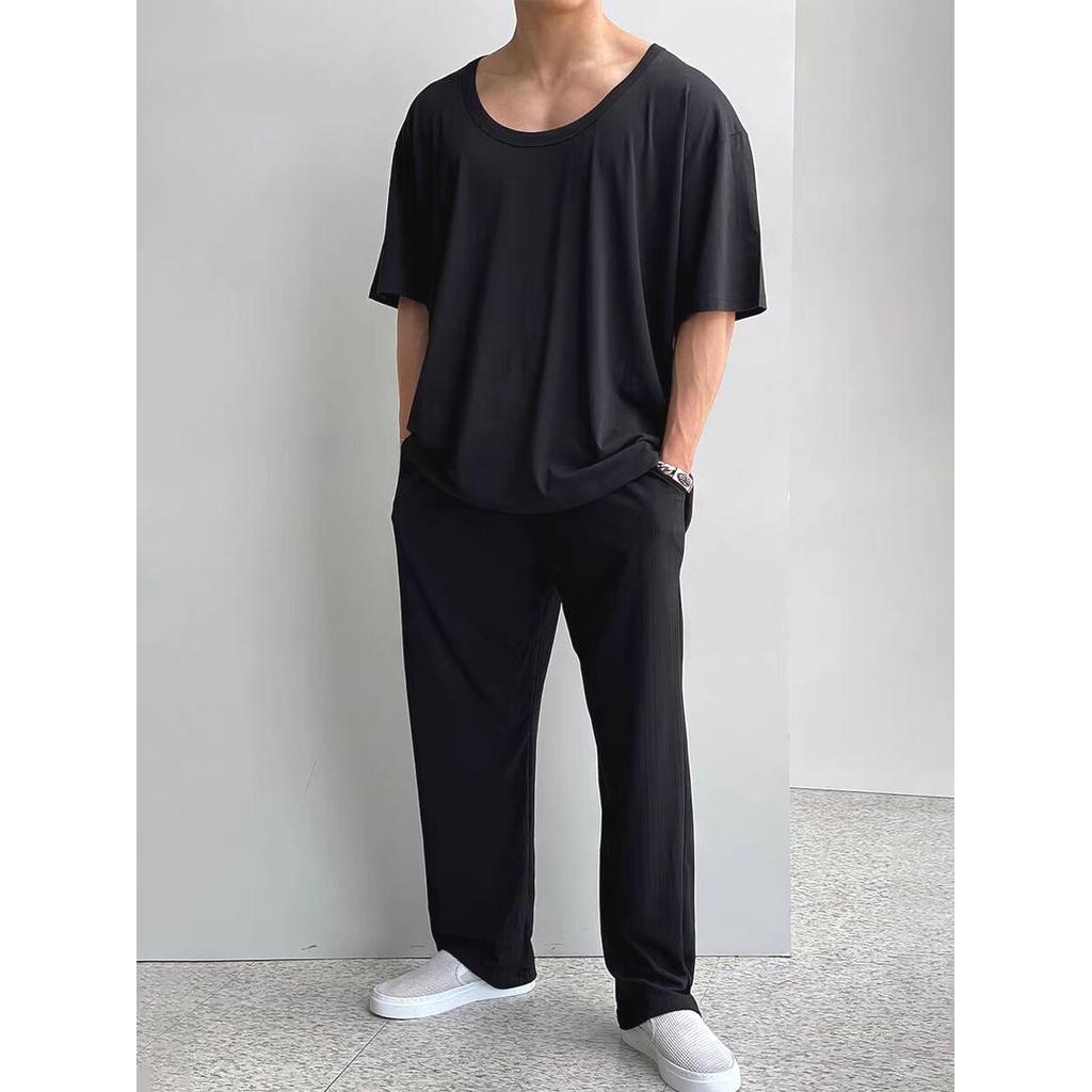 เสื้อยืดผู้ชายคอ.Sizeใหญ่ Tencel ผ้าฝ้ายเรียบหลวม สไตล์ยุโรป