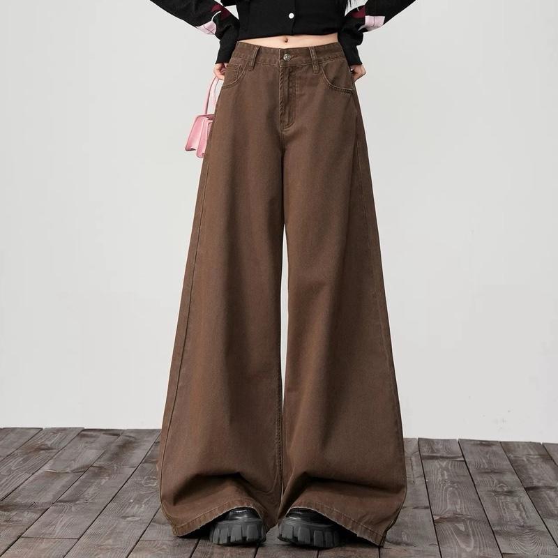 #3612 (XS-6XL) jinjeans กางเกงยีนส์ขากระบอกใหญ่สีน้ำตาล ปลายขากว้าง ผ้านุ่มใส่สบาย