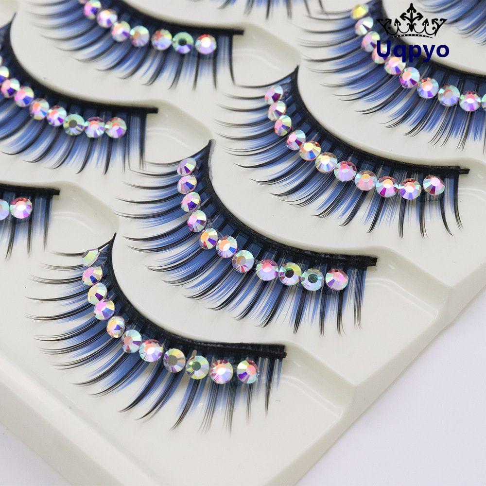 UQPYO 5 คู่ Fake Eye Lashes สี Natural Party Shiny Rhinestones