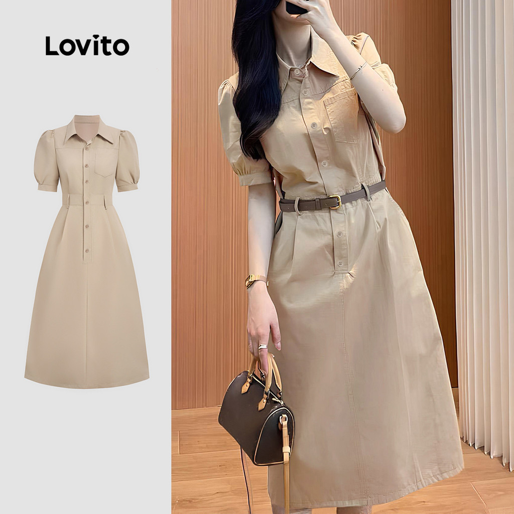 Lovito เดรสผู้หญิงลายดอกไม้ กระดุม สไตล์หรูหรา สวมใส่สบาย เหมาะสําหรับฤดูใบไม้ผลิและฤดูร้อน LK4ED2080
