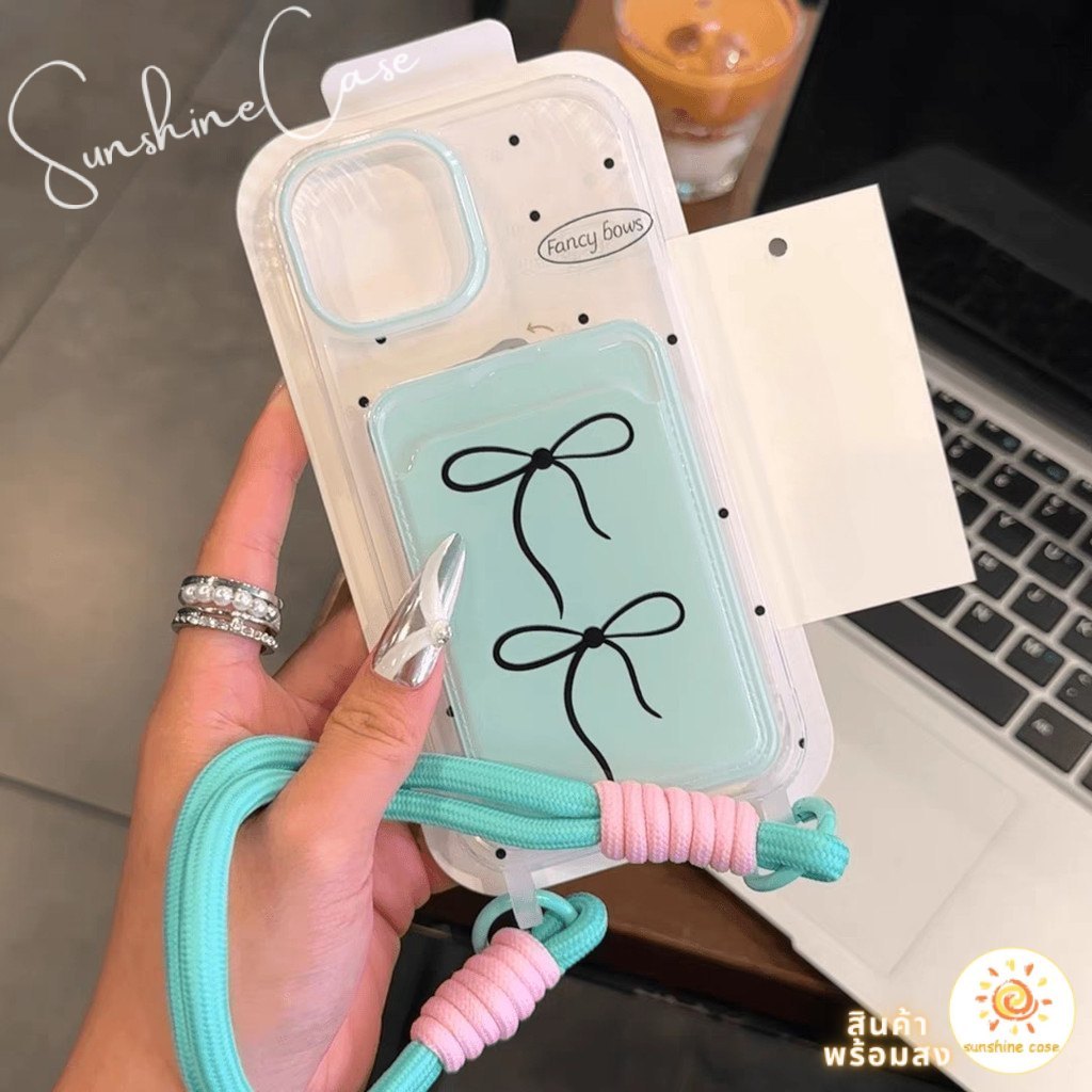 ส่งจากไทย เคสสำหรับไอโฟน15 ลายจุดโบว์ดำ เคสช่องใส่การ์ด รูปที่ 5