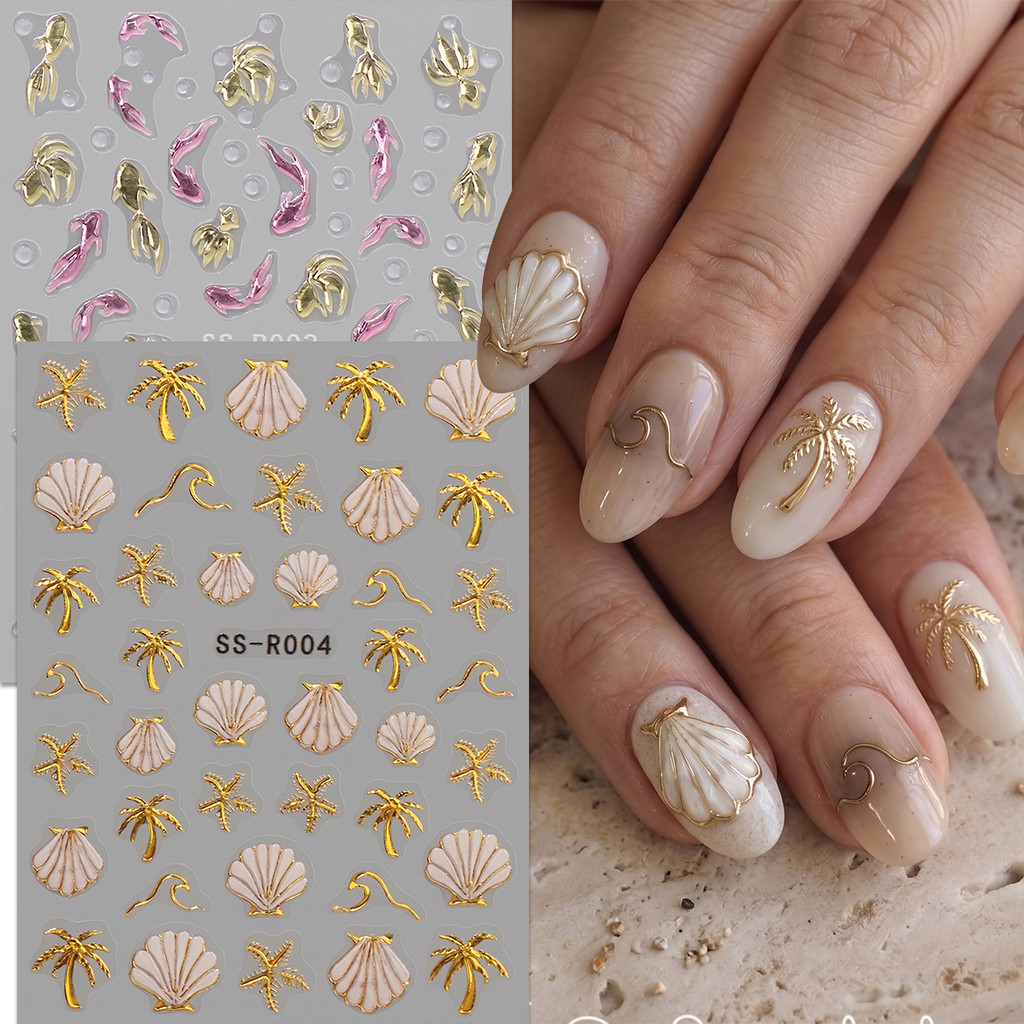 HAMA สเตอริโอ 5D Textured เล็บ Decals Jelly นูนฤดูร้อน Beach Mermaid Goldfish ดอกไม้ออกแบบสไตล์เกาหลี DIY กดบนตกแต่งเล็บ SS-R