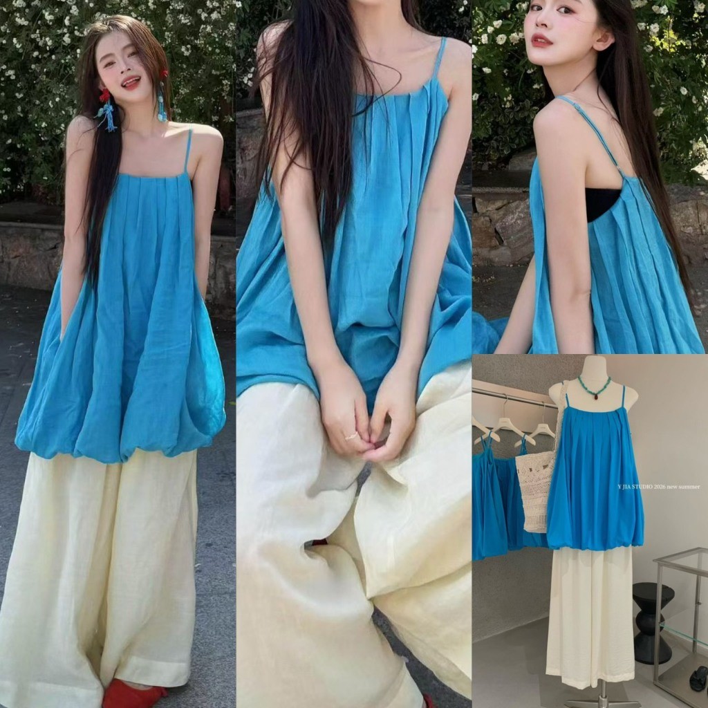 ❤ 🧵 🇰🇷 Y5623 เซ็ท 2 ชิ้น สายเดี่ยวตัวยาว แต่งจับจีบ ชายเสื้อทรงบอลลูน สายปรับได้ แฟชั่นเกาหลี TAG Yjia 🧡