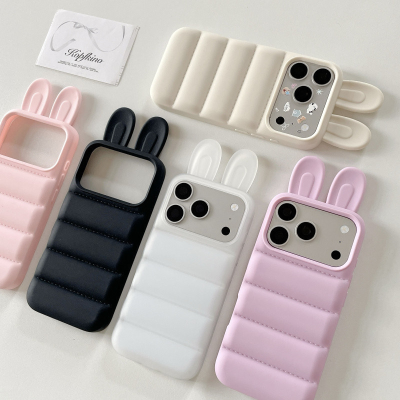 3D Bunny Ears Puffer TPU เคสโทรศัพท์สําหรับ iPhone 17 16 15 14 13 Pro Max กันกระแทก