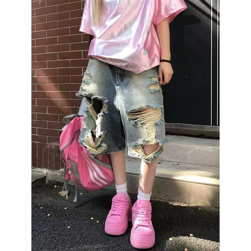 American High Street Puffian หล่อ Ripped Denim กางเกงขาสั้นผู้ชาย Street สวมใส่ High-End Feeling Fri