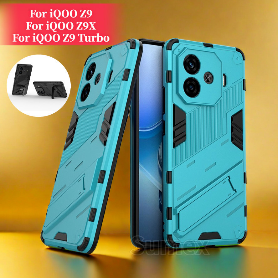 Vivo iQOO Z9 Turbo + Z9X 5G Hidden Bracket Stand Holder เคสโทรศัพท์กันกระแทก Soft TPU Hard PC ปลอก h