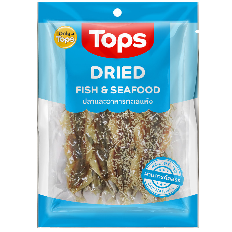 ท็อปส์ปลาข้างเหลืองโรยงา 100ก Tops Dried Yellow Stripe Sprinkled with Sesame Seeds 100g. [8853474061