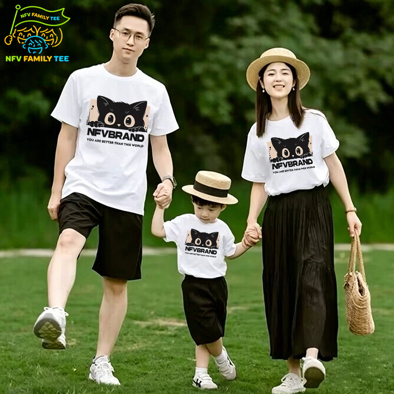วัสดุใหม่🎀COD NFV Family Tee ชุดครอบครัว 2026 ลายแมวดำน่ารัก เสื้อคู่แม่ลูก เสื้อยืดแขนสั้น เนื้อผ้าสบาย เบาเย็น YG438