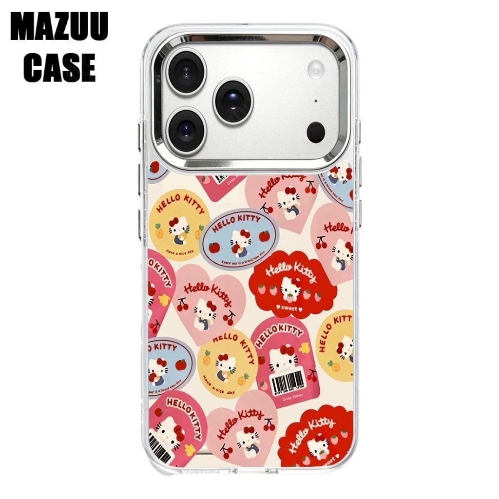 เคสไอโฟน กรอบเลนส์โลหะรูใหญ่ ทรงกรอบรูป ลายสติกเกอร์ Hello Kitty iPhone 17 16 15 14 13 12 11 Pro Max Plus